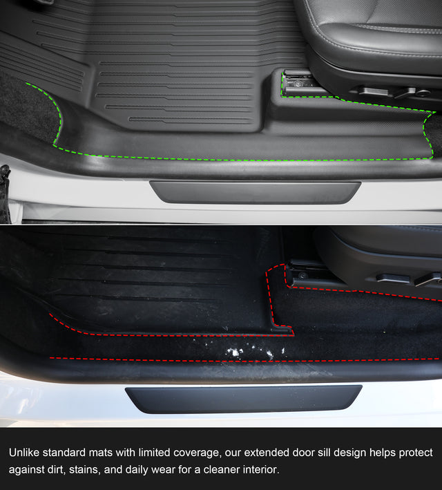 Tesla Model Y Juniper front door sill protected by CabinProtect raised-edge TPE liner