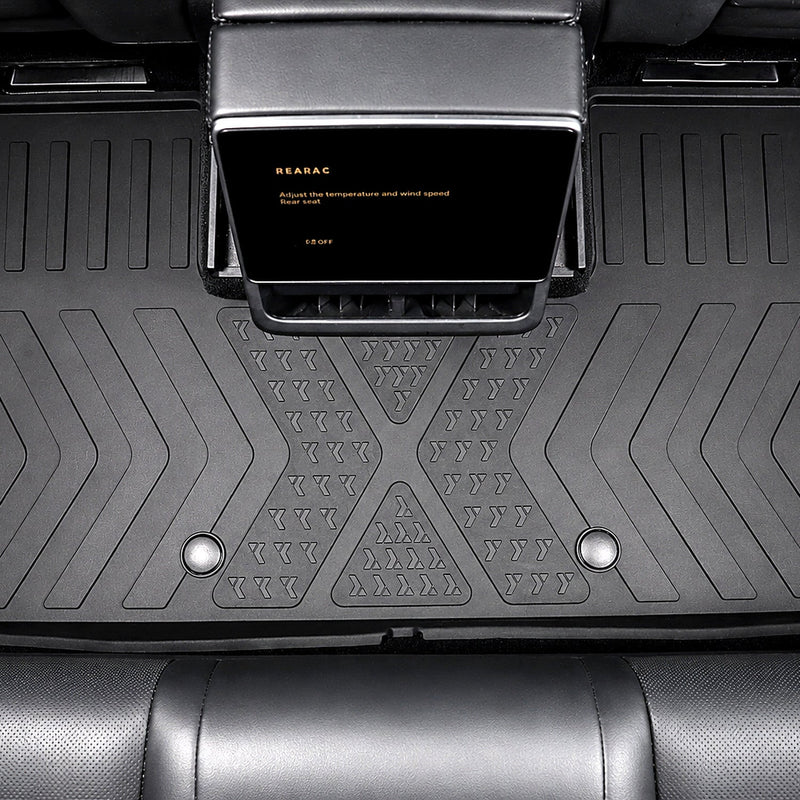 Overhead view of the MoldedFit one-piece second-row liner in Tesla Model Y Juniper