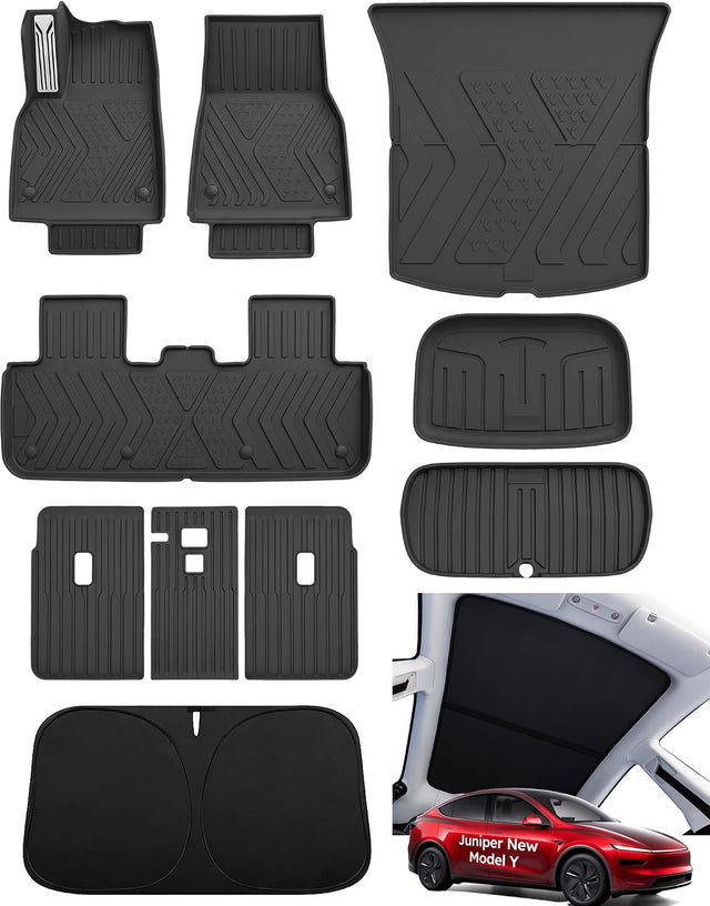 SUPER LINER 9-Pc Floor Mats & 3-Pc Sunshade Set for Model Y Juniper 2026 Custom Fit TPE Cargo Liners, Anti-Slip Metal Pedal, All Weather Accessories, Graphene Heat Blocking (Not for Standard)