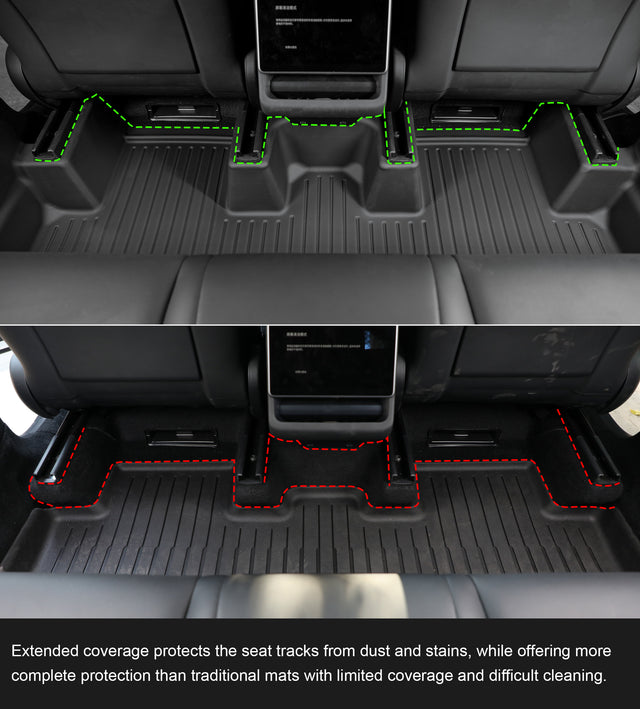 Tesla Model Y Juniper second-row seat tracks protected by CabinProtect liner