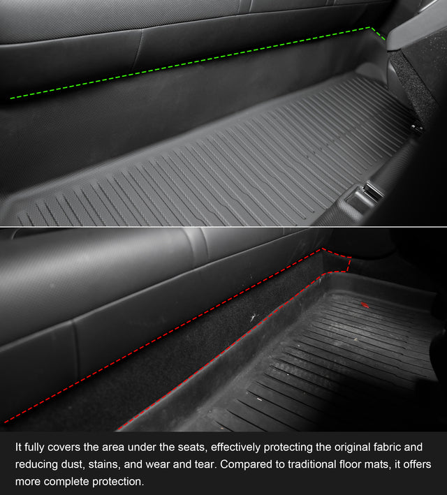 Tesla Model Y Juniper second-row under-seat area covered by CabinProtect liner